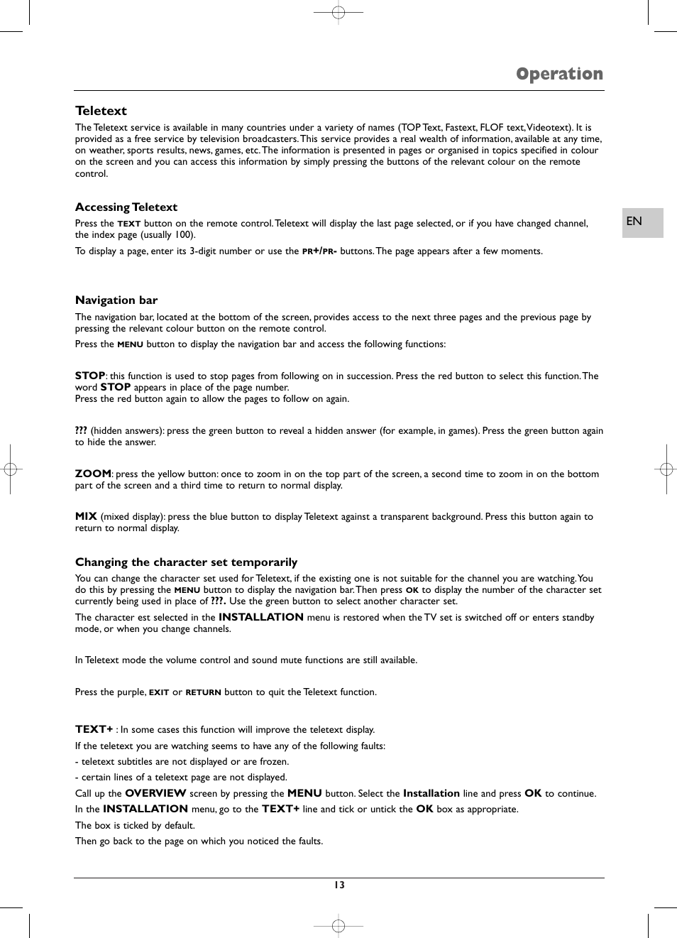 Operation, Teletext | Technicolor - Thomson EFC030 User Manual | Page 13 / 15