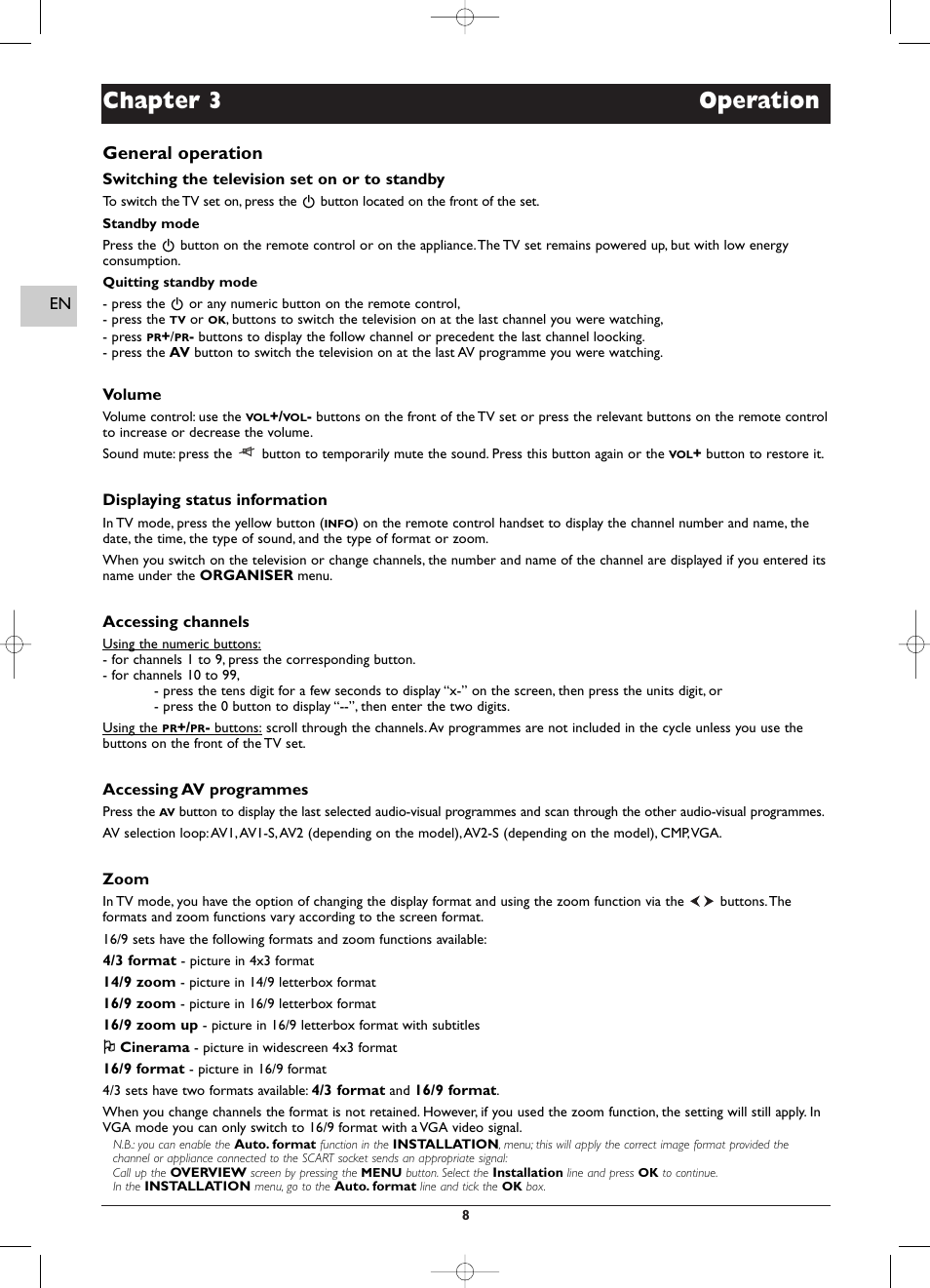 Chapter 3 operation, General operation | Technicolor - Thomson EFC030 User Manual | Page 8 / 15