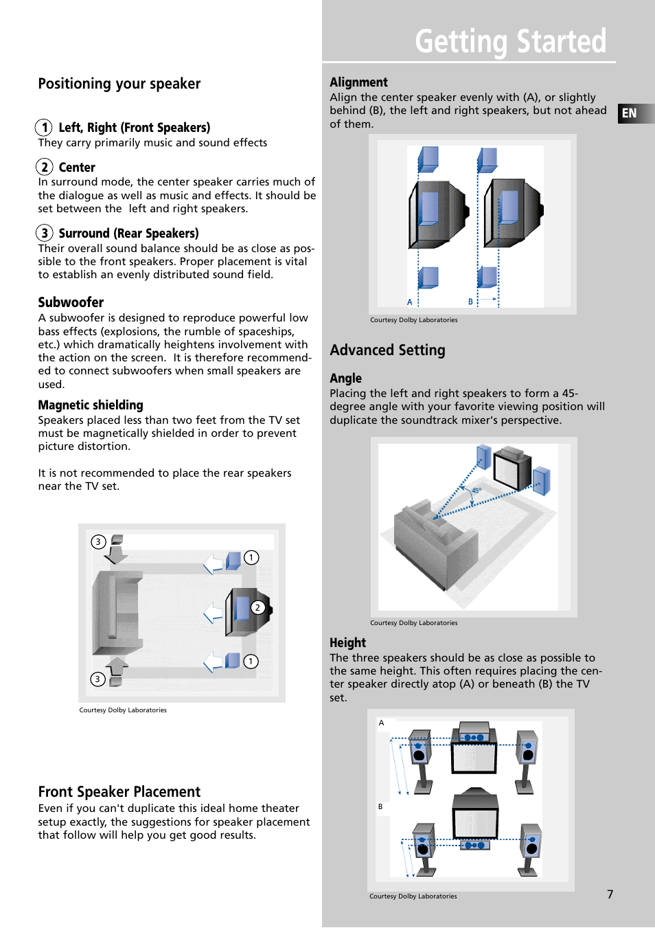Getting started, Positioning your speaker, Front speaker placement | Advanced setting | Technicolor - Thomson Thomson Scenium DPL4000 User Manual | Page 10 / 33