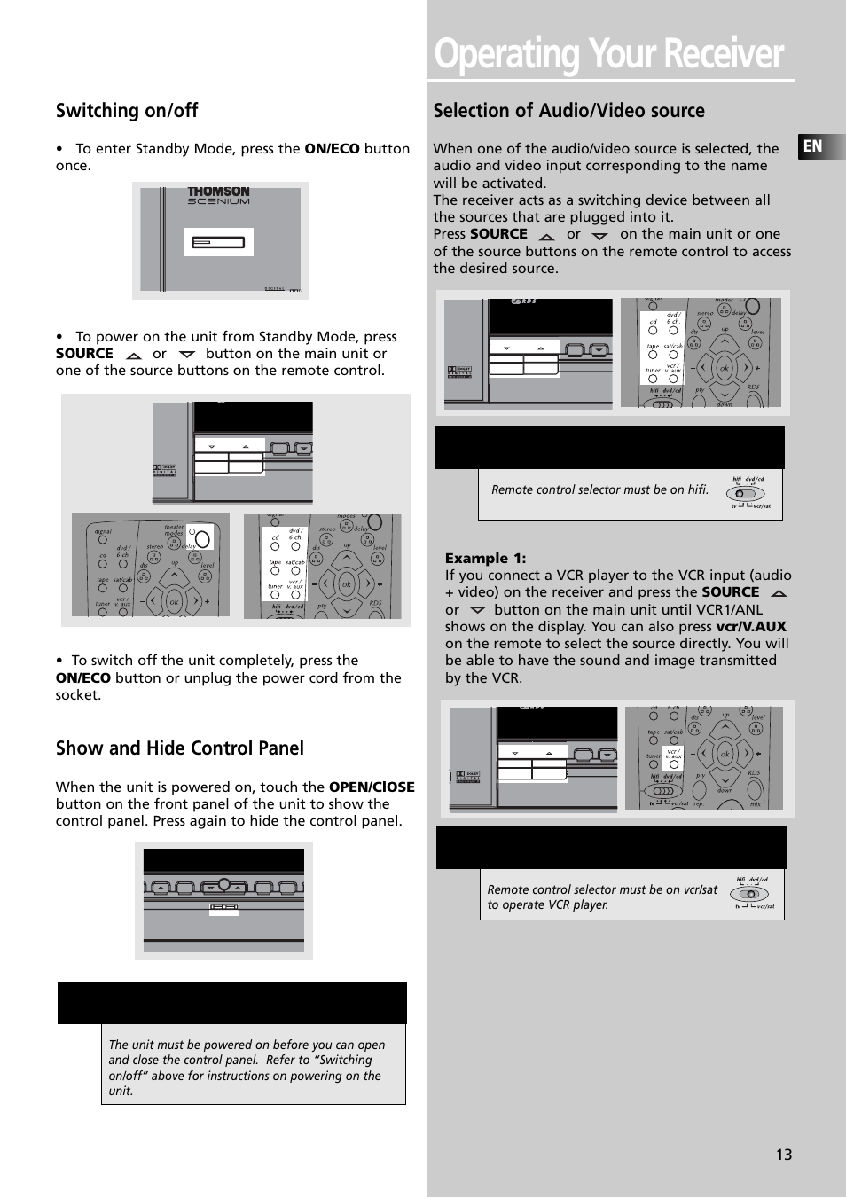 Operating your receiver, Switching on/off, Show and hide control panel | Selection of audio/video source | Technicolor - Thomson Thomson Scenium DPL4000 User Manual | Page 16 / 33