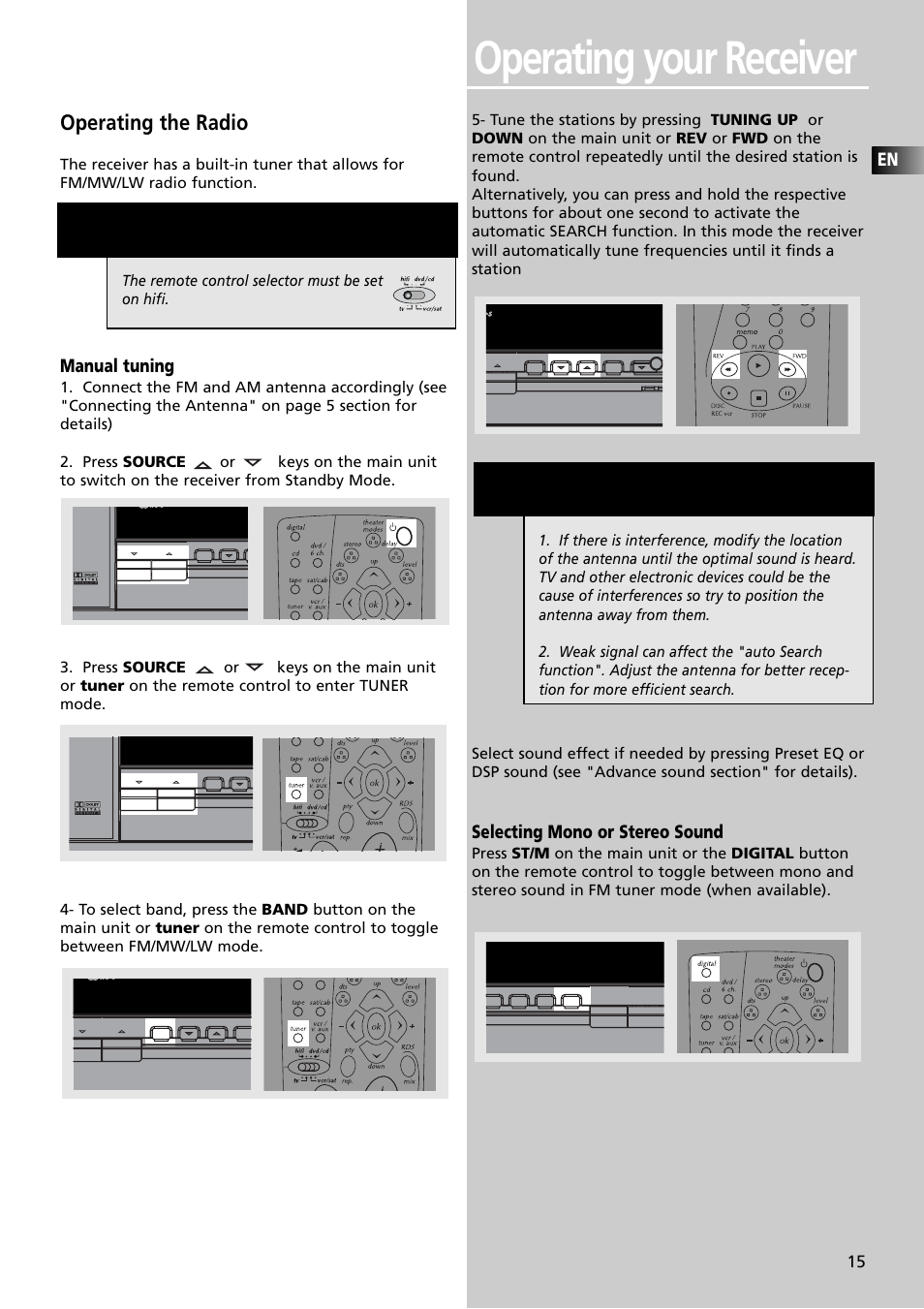 Operating your receiver, Operating the radio, Manual tuning | Selecting mono or stereo sound, The remote control selector must be set on hifi | Technicolor - Thomson Thomson Scenium DPL4000 User Manual | Page 18 / 33