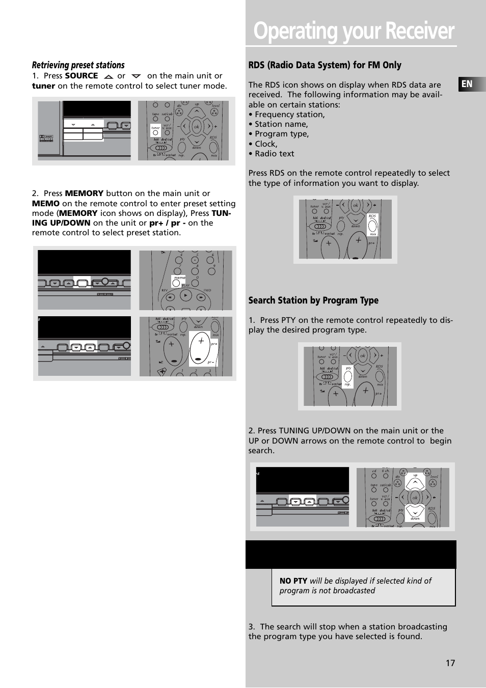 Operating your receiver, Retrieving preset stations, Rds (radio data system) for fm only | Search station by program type | Technicolor - Thomson Thomson Scenium DPL4000 User Manual | Page 20 / 33