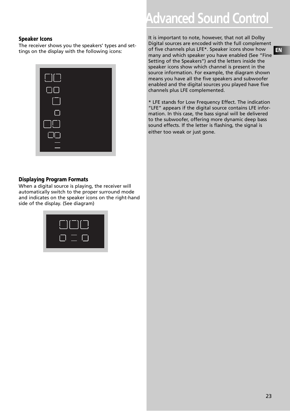 Advanced sound control, Speaker icons, Displaying program formats | Technicolor - Thomson Thomson Scenium DPL4000 User Manual | Page 26 / 33