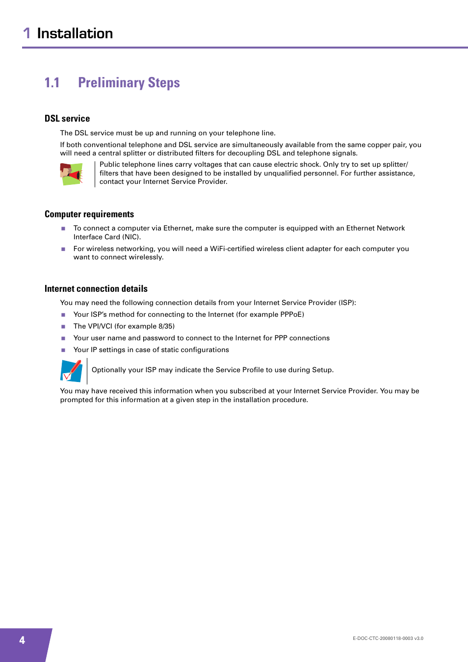 1 preliminary steps, Dsl service, Computer requirements | Internet connection details, Preliminary steps, 1installation 1.1 preliminary steps | Technicolor - Thomson TG576 v7 User Manual | Page 10 / 62