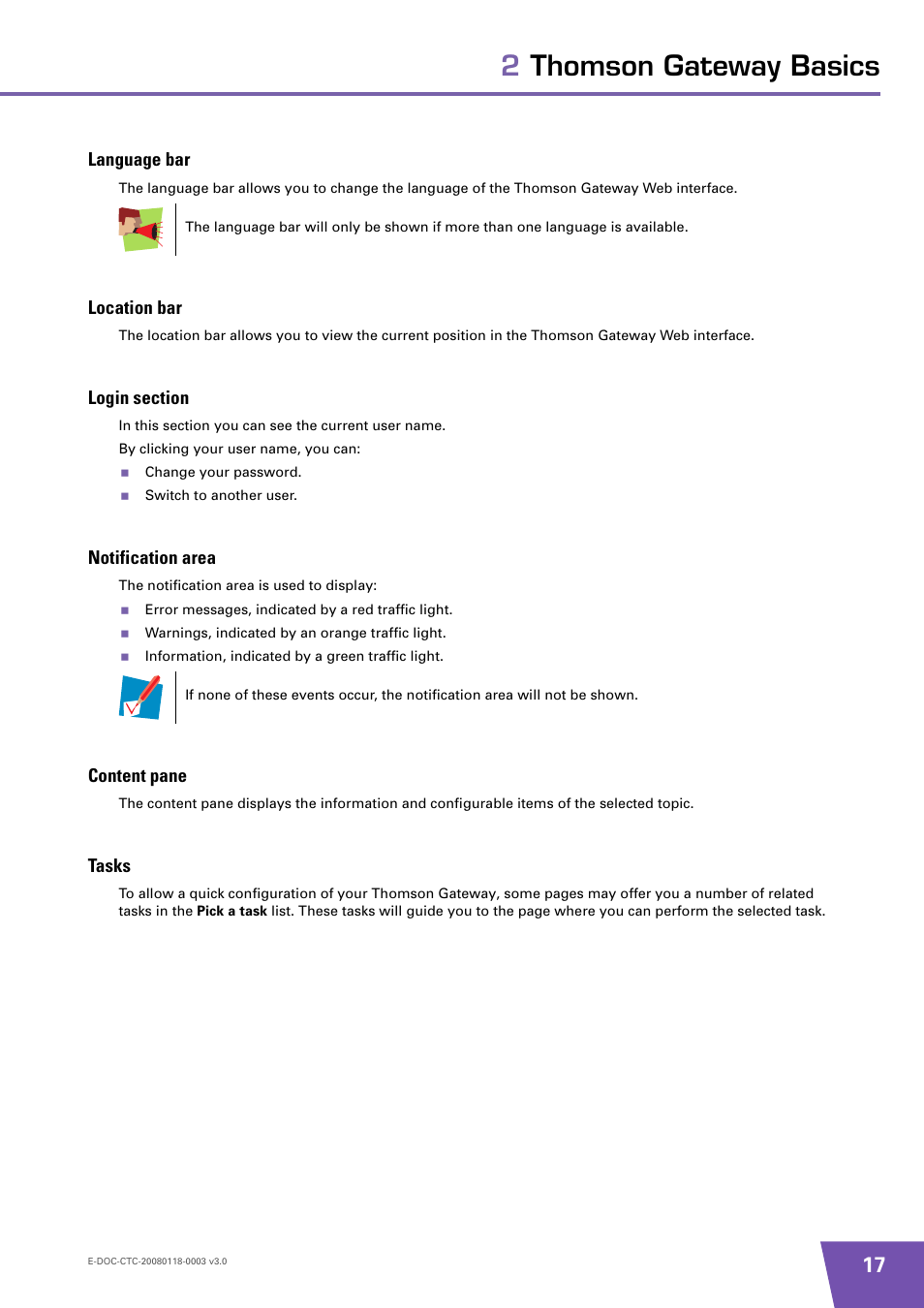 Language bar, Location bar, Login section | Notification area, Content pane, Tasks, 2thomson gateway basics | Technicolor - Thomson TG576 v7 User Manual | Page 23 / 62