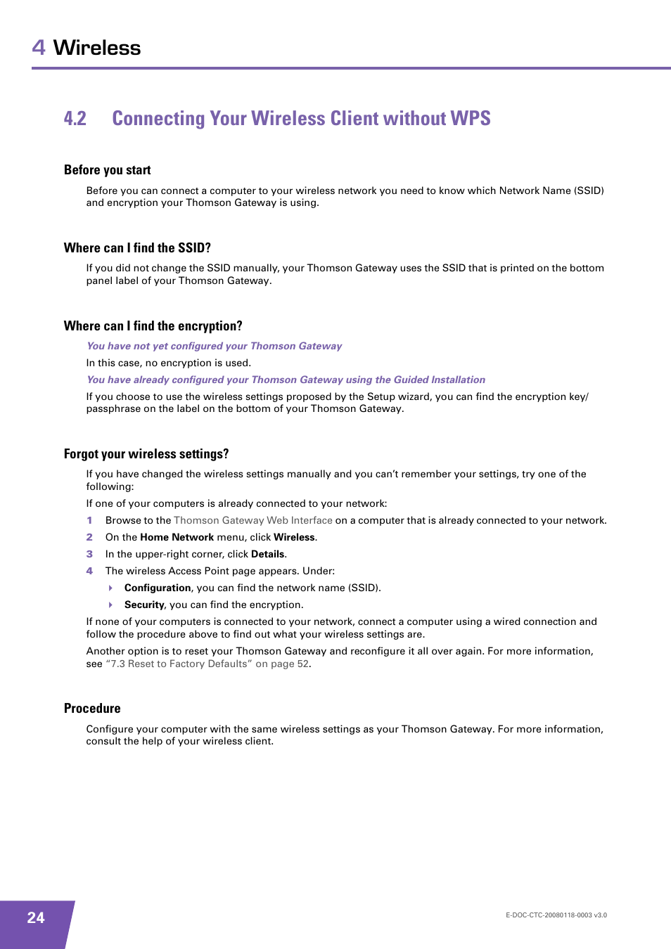 2 connecting your wireless client without wps, Before you start, Where can i find the ssid | Where can i find the encryption, Forgot your wireless settings, Procedure, Connecting your wireless client without wps, 2 connecting, Ation, see | Technicolor - Thomson TG576 v7 User Manual | Page 30 / 62
