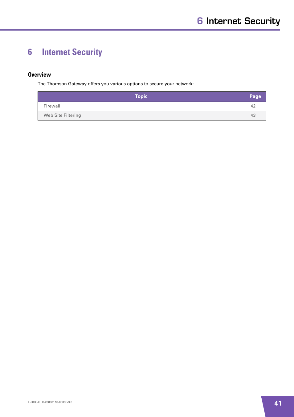 6 internet security, Overview, Internet security | 6internet security 6 internet security | Technicolor - Thomson TG576 v7 User Manual | Page 47 / 62