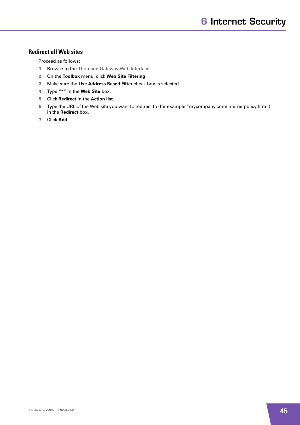 Redirect all web sites, 6internet security | Technicolor - Thomson TG576 v7 User Manual | Page 51 / 62