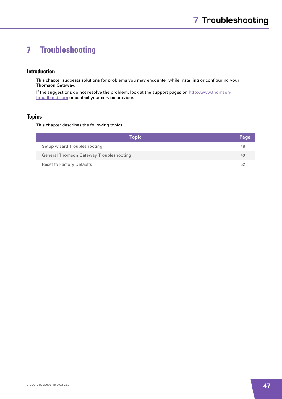 7 troubleshooting, Introduction, Topics | Troubleshooting, 7troubleshooting 7 troubleshooting | Technicolor - Thomson TG576 v7 User Manual | Page 53 / 62