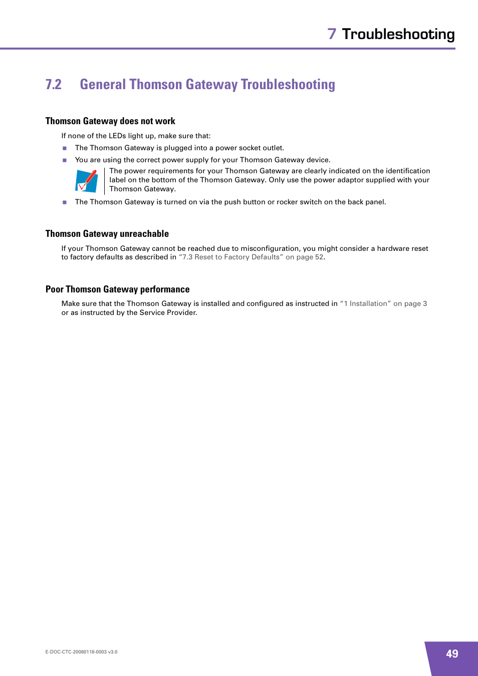 2 general thomson gateway troubleshooting, Thomson gateway does not work, Thomson gateway unreachable | Poor thomson gateway performance, General thomson gateway troubleshooting | Technicolor - Thomson TG576 v7 User Manual | Page 55 / 62