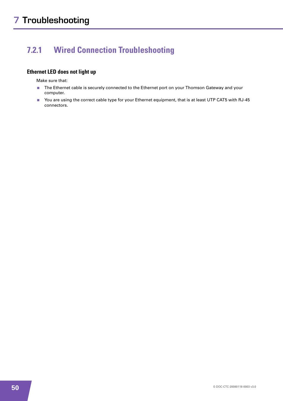 1 wired connection troubleshooting, Ethernet led does not light up, Wired connection troubleshooting | Technicolor - Thomson TG576 v7 User Manual | Page 56 / 62