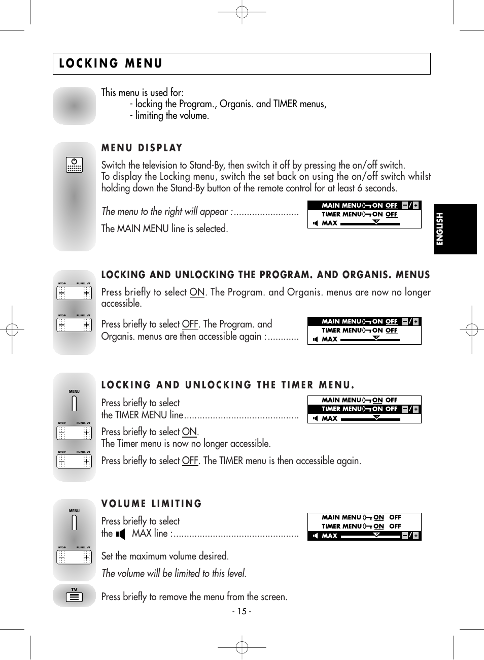 Locking menu, Menu display, Locking and unlocking the timer menu | Volume limiting, The volume will be limited to this level, The menu to the right will appear, The main menu line is selected, Press briefly to remove the menu from the screen | Technicolor - Thomson 2 0 D G 7 6 C User Manual | Page 15 / 16