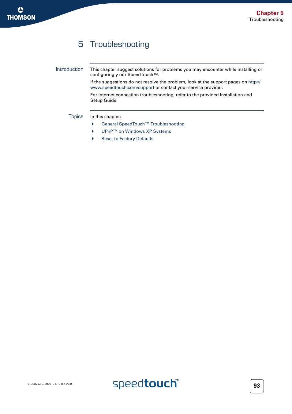 5 troubleshooting, Introduction, Topics | Troubleshooting, Chapter 5 | Technicolor - Thomson SpeedTouch 585 User Manual | Page 101 / 110