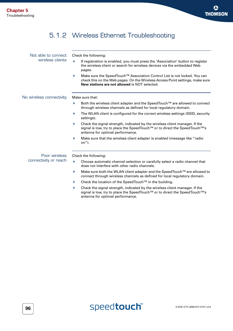 2 wireless ethernet troubleshooting, Not able to connect wireless clients, No wireless connectivity | Poor wireless connectivity or reach, Wireless ethernet troubleshooting, Chapter 5 | Technicolor - Thomson SpeedTouch 585 User Manual | Page 104 / 110