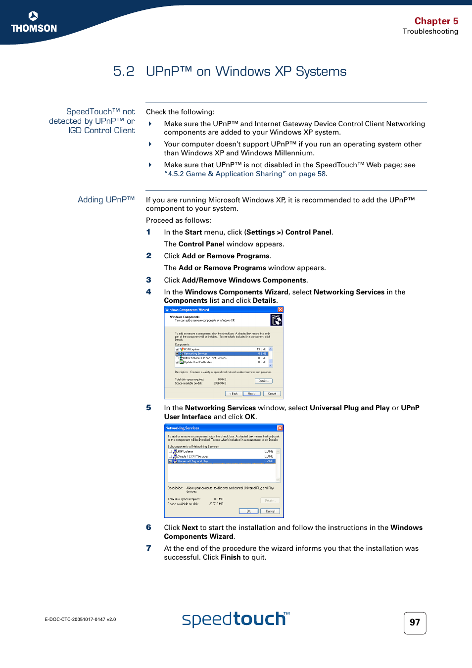 2 upnp™ on windows xp systems, Adding upnp, Upnp™ on windows xp systems | Upnp™ (see, Speedtouch™ not detected by upnp™ or igd control, Chapter 5 | Technicolor - Thomson SpeedTouch 585 User Manual | Page 105 / 110