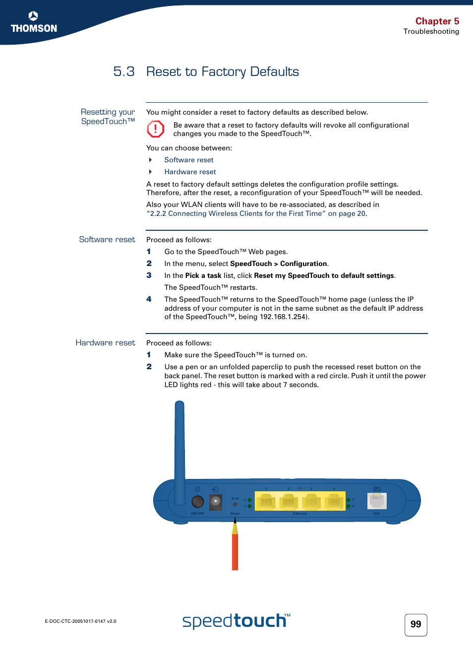 3 reset to factory defaults, Resetting your speedtouch, Software reset | Hardware reset, Reset to factory defaults, For more informa, Chapter 5 | Technicolor - Thomson SpeedTouch 585 User Manual | Page 107 / 110