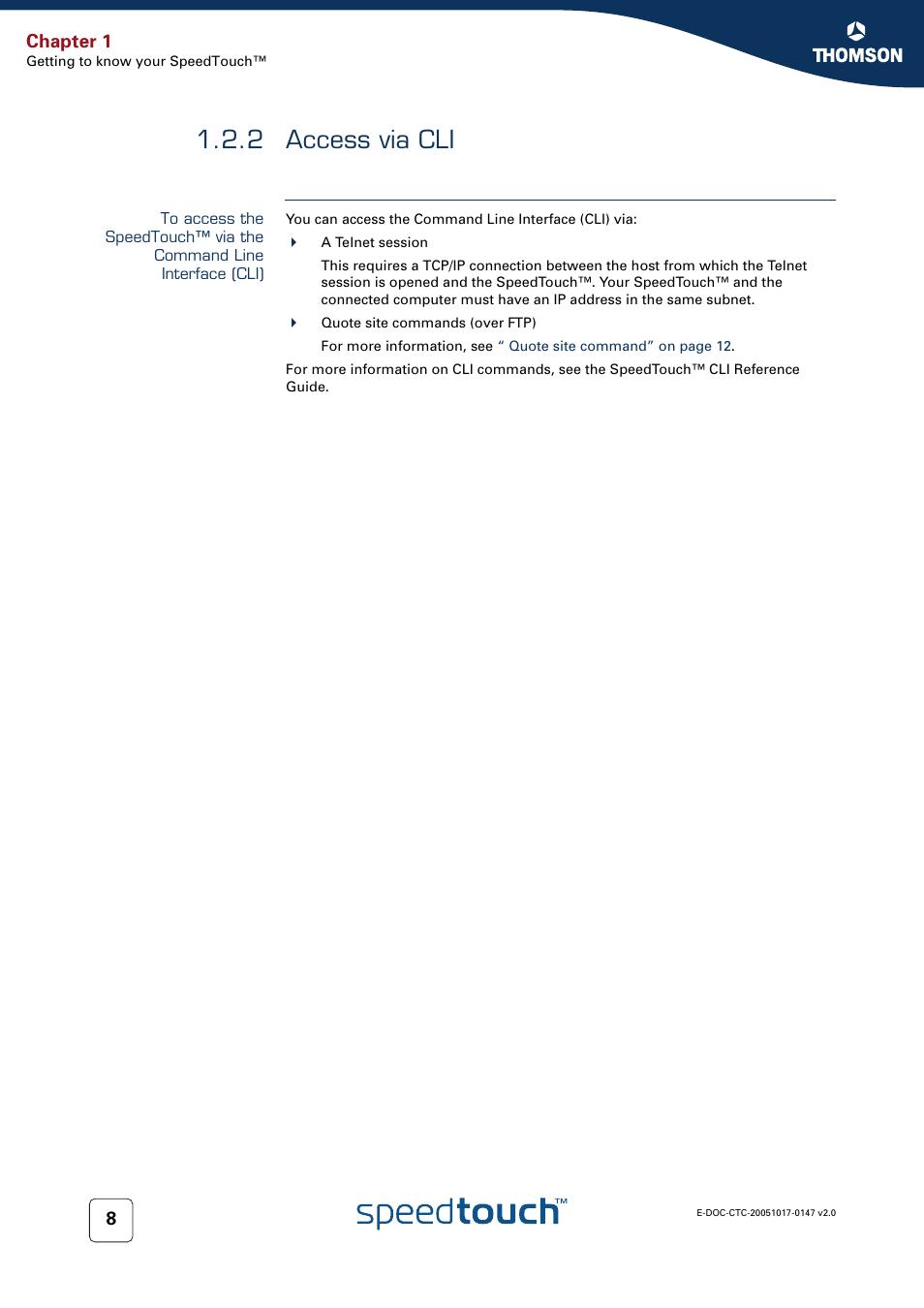 2 access via cli, Access via cli, 2 access via | Chapter 1 | Technicolor - Thomson SpeedTouch 585 User Manual | Page 16 / 110