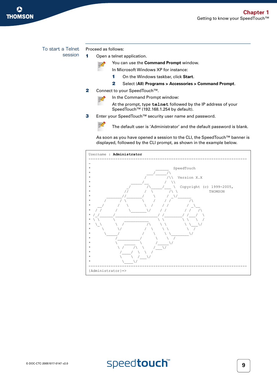 To start a telnet session, Chapter 1 | Technicolor - Thomson SpeedTouch 585 User Manual | Page 17 / 110