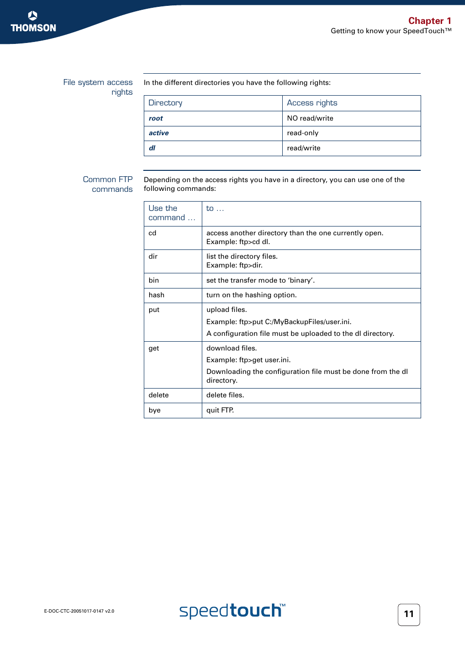 File system access rights, Common ftp commands, Chapter 1 | Technicolor - Thomson SpeedTouch 585 User Manual | Page 19 / 110