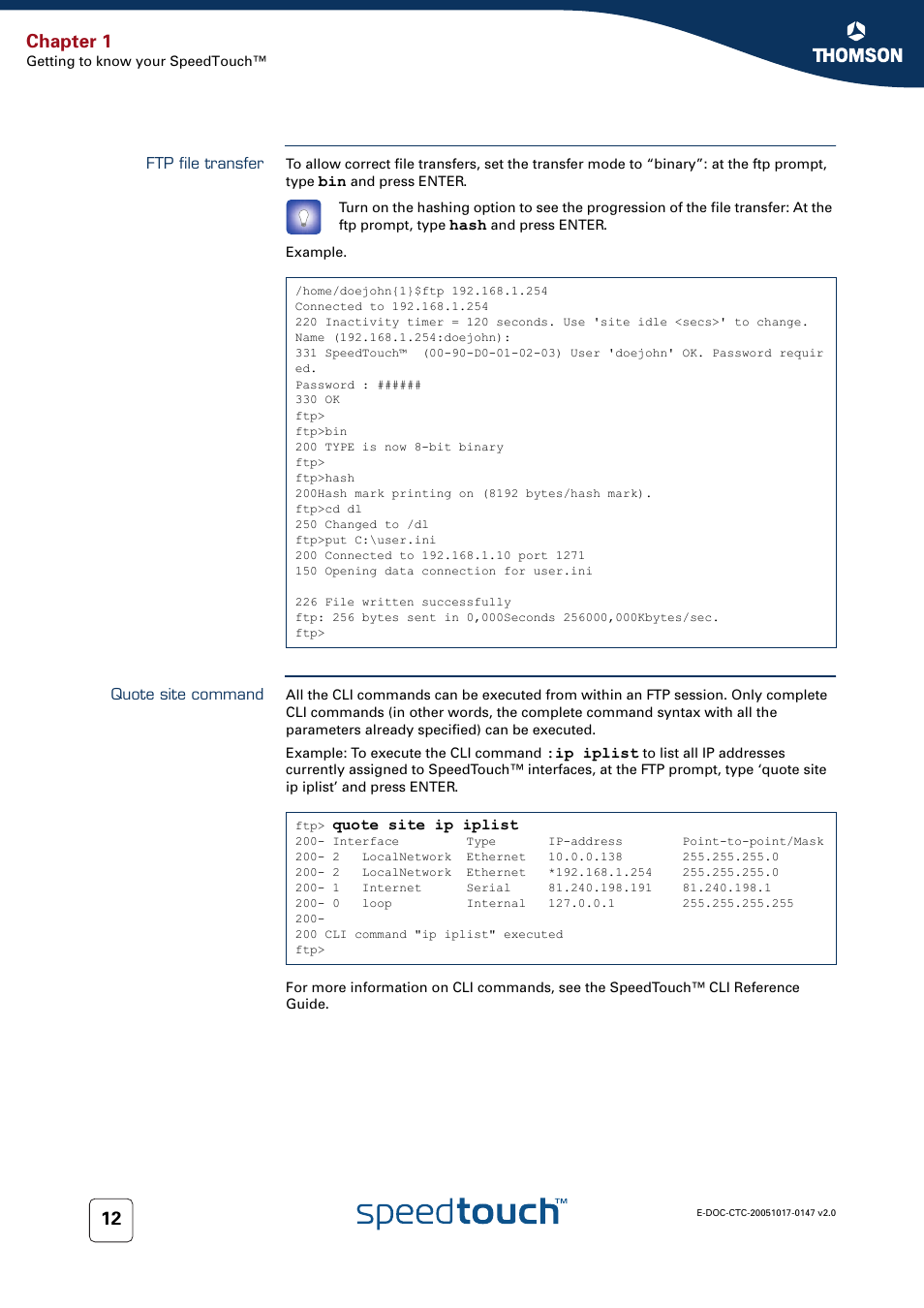Ftp file transfer, Quote site command, Chapter 1 | Technicolor - Thomson SpeedTouch 585 User Manual | Page 20 / 110