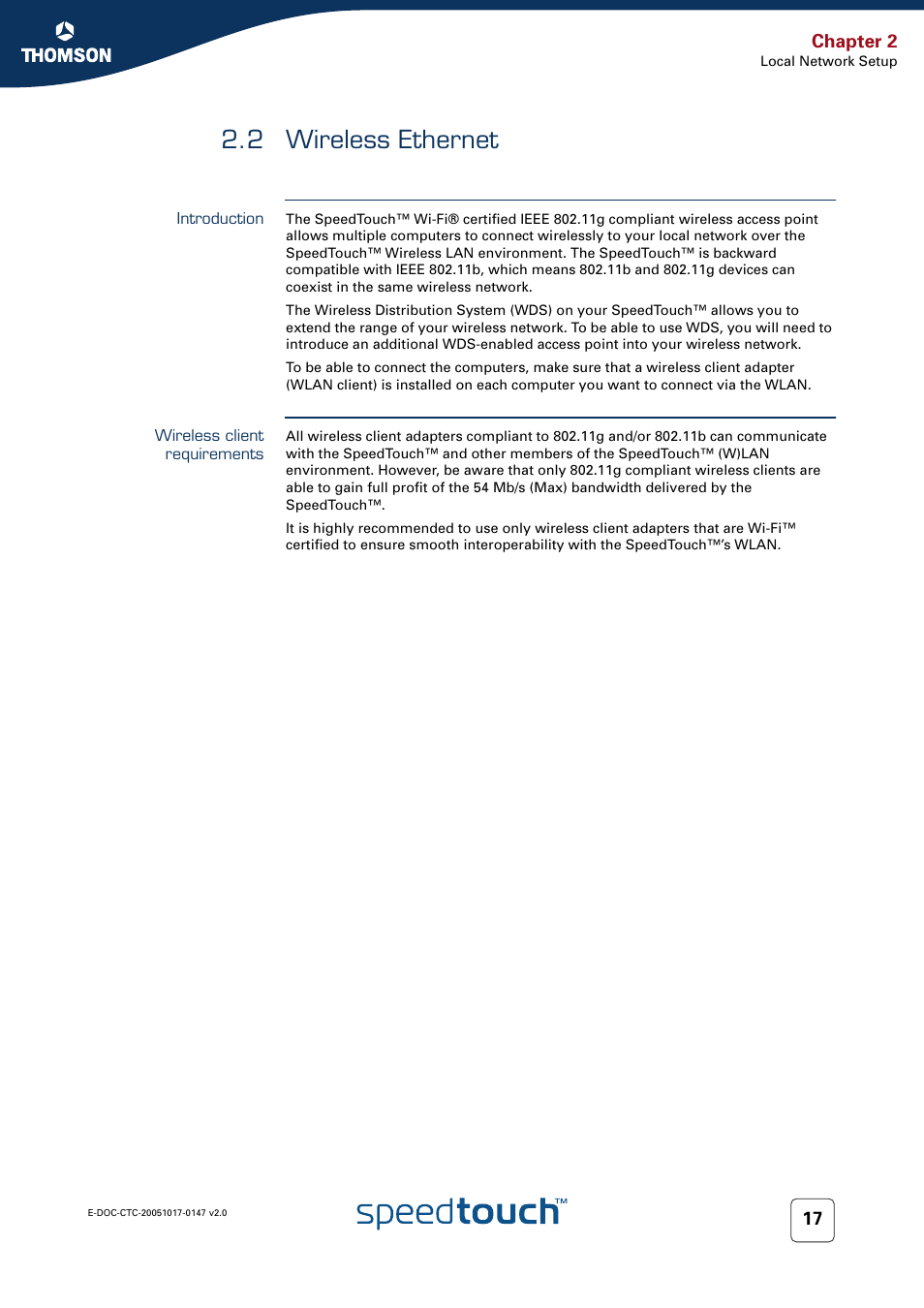 2 wireless ethernet, Introduction, Wireless client requirements | Wireless ethernet, Chapter 2 | Technicolor - Thomson SpeedTouch 585 User Manual | Page 25 / 110