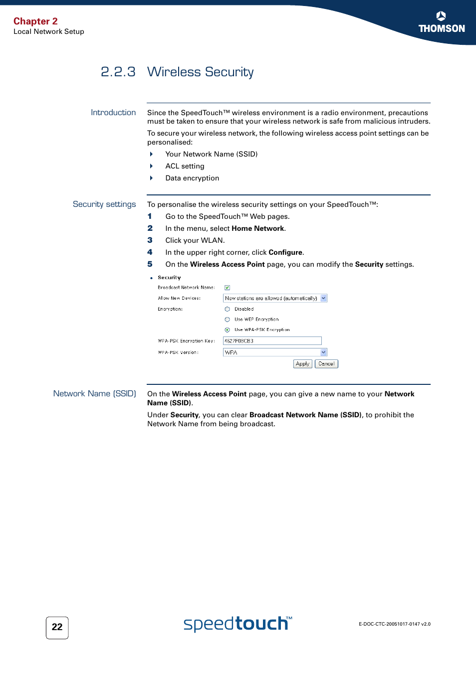 3 wireless security, Introduction, Security settings | Network name (ssid), Wireless security, Chapter 2 | Technicolor - Thomson SpeedTouch 585 User Manual | Page 30 / 110