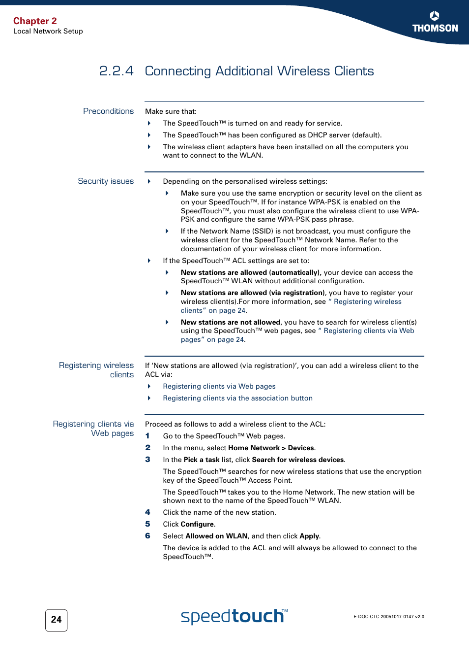 4 connecting additional wireless clients, Preconditions, Security issues | Registering wireless clients, Connecting additional wireless clients, Chapter 2 | Technicolor - Thomson SpeedTouch 585 User Manual | Page 32 / 110