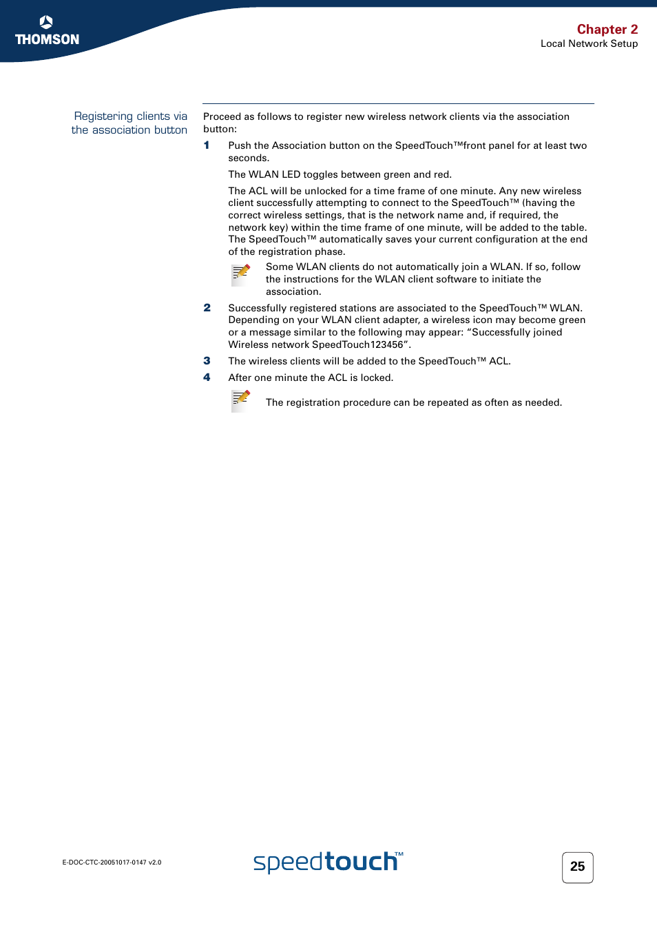 Registering clients via the association button, Chapter 2 | Technicolor - Thomson SpeedTouch 585 User Manual | Page 33 / 110