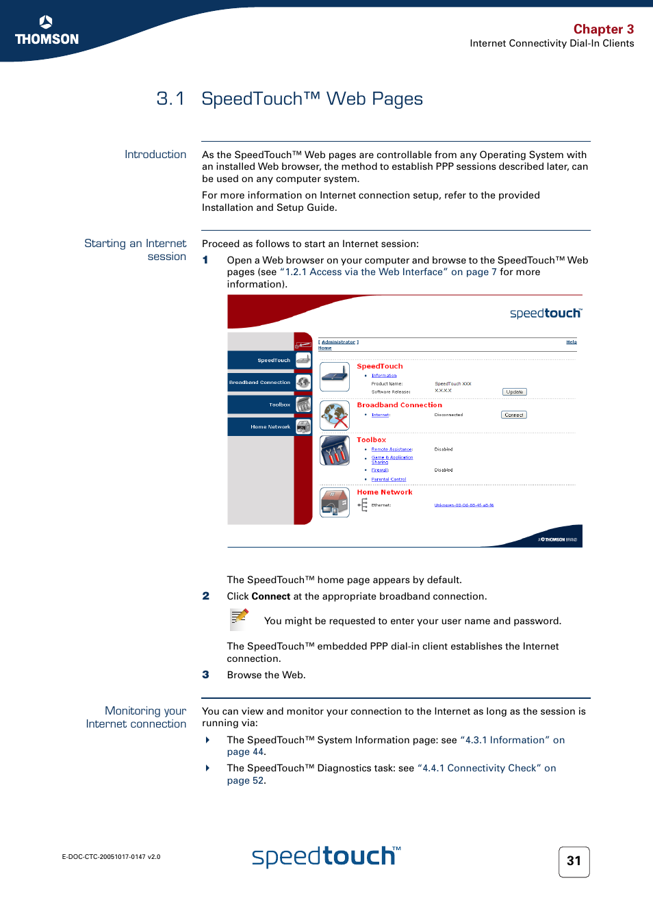 Introduction, Starting an internet session, Monitoring your internet connection | To pr, 1 speedtouch™ web pages, Chapter 3 | Technicolor - Thomson SpeedTouch 585 User Manual | Page 39 / 110