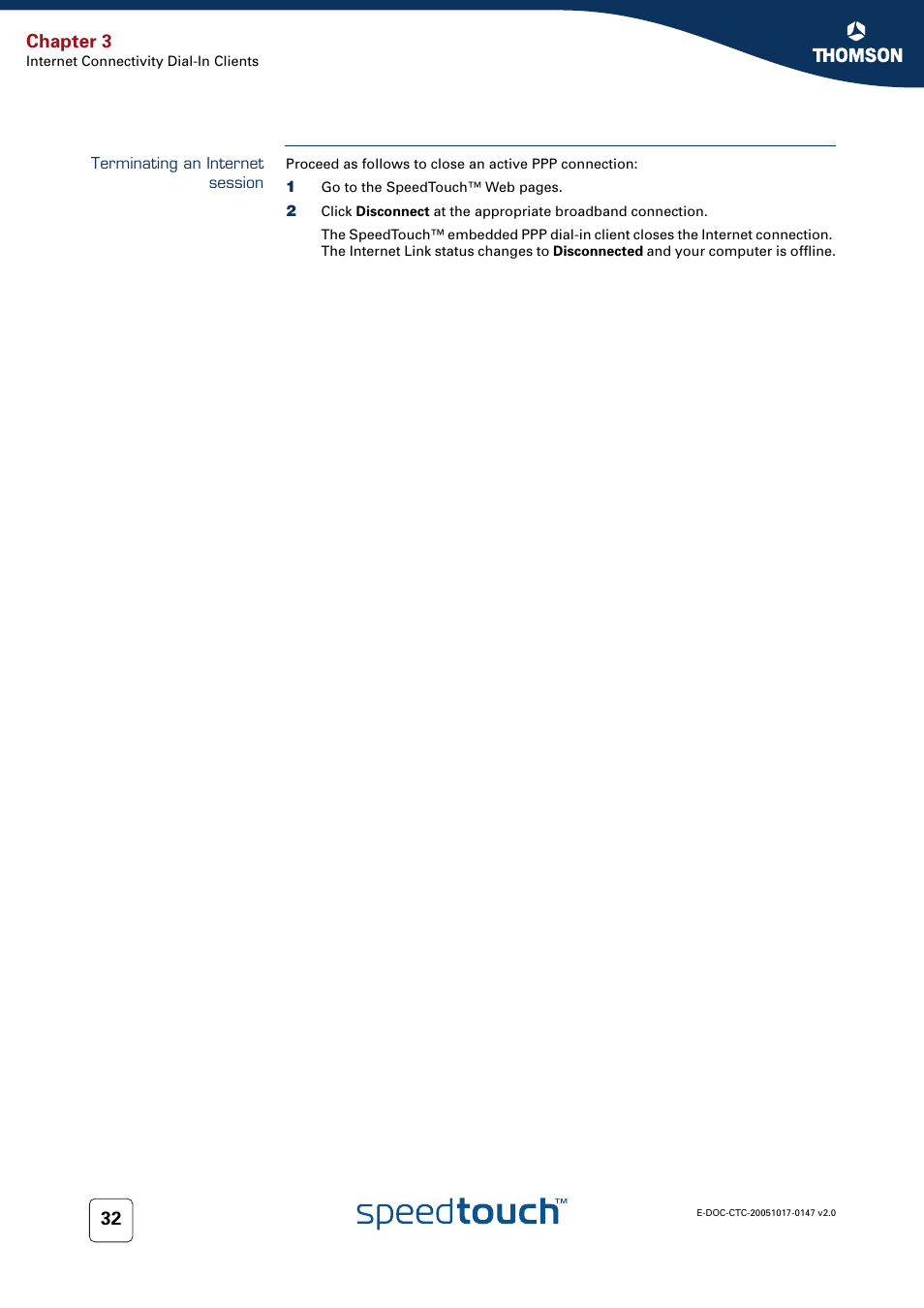 Terminating an internet session, Chapter 3 | Technicolor - Thomson SpeedTouch 585 User Manual | Page 40 / 110