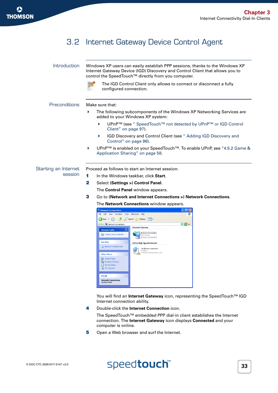 2 internet gateway device control agent, Introduction, Preconditions | Starting an internet session, Internet gateway device control agent, To proceed, Chapter 3 | Technicolor - Thomson SpeedTouch 585 User Manual | Page 41 / 110