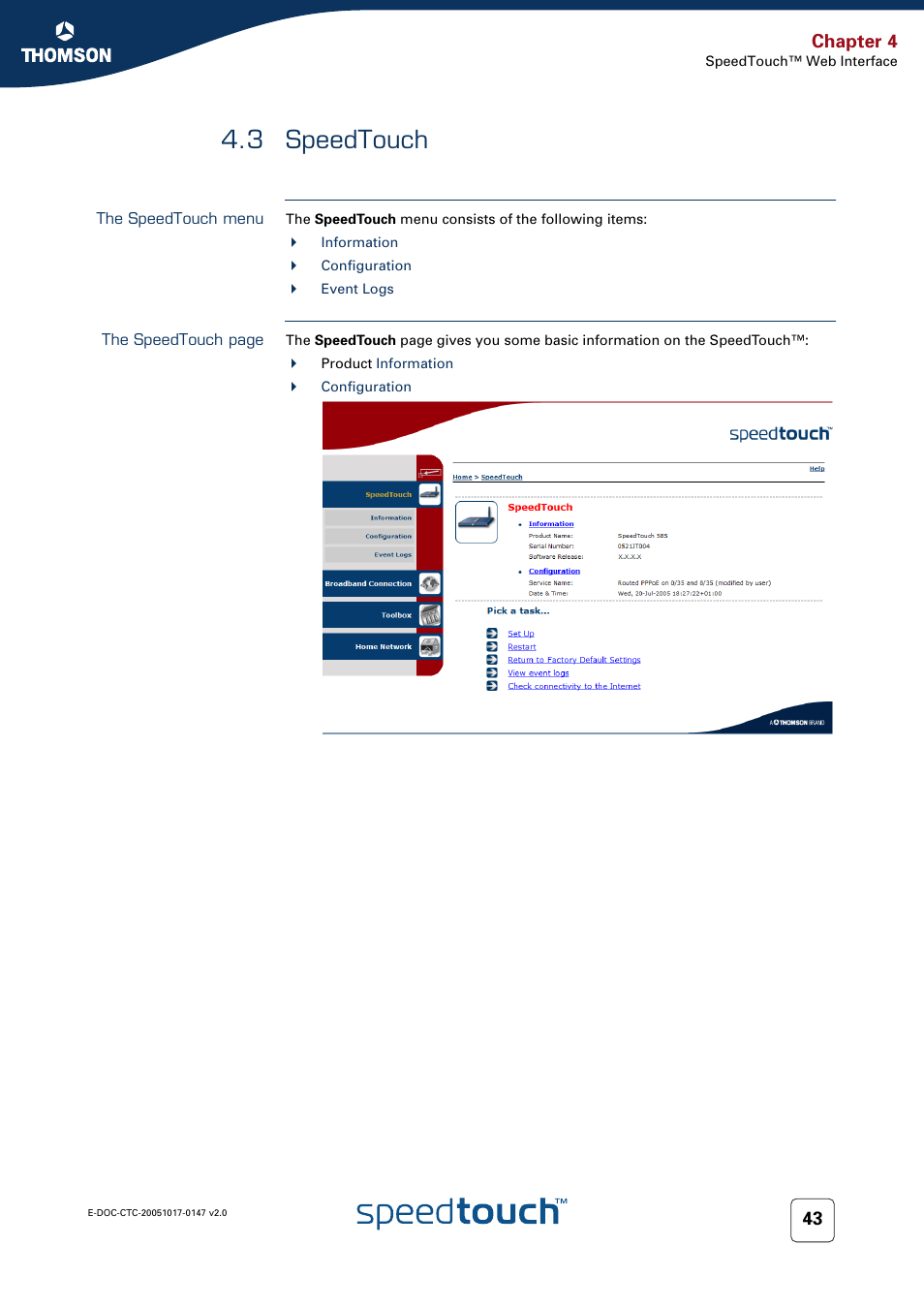 3 speedtouch, The speedtouch menu, Speedtouch | Chapter 4 | Technicolor - Thomson SpeedTouch 585 User Manual | Page 51 / 110