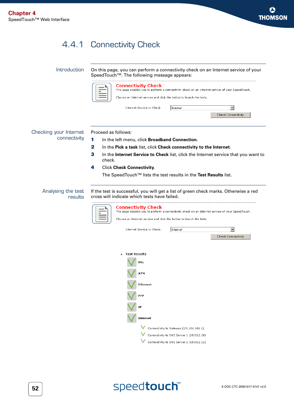 1 connectivity check, Introduction, Checking your internet connectivity | Analysing the test results, Connectivity check, 1 connectivity check” on, Chapter 4 | Technicolor - Thomson SpeedTouch 585 User Manual | Page 60 / 110