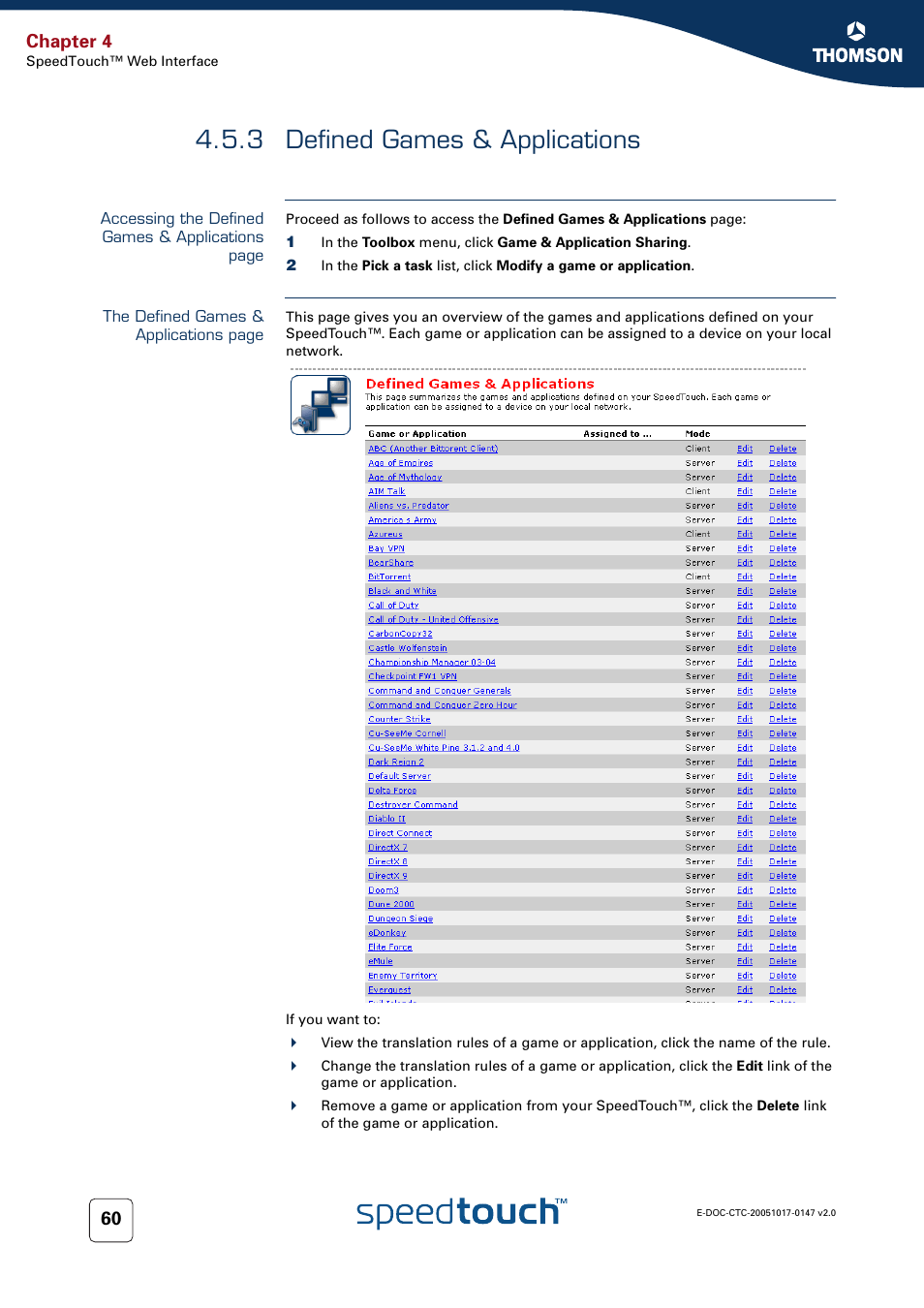 3 defined games & applications, Defined games & applications, Chapter 4 | Technicolor - Thomson SpeedTouch 585 User Manual | Page 68 / 110