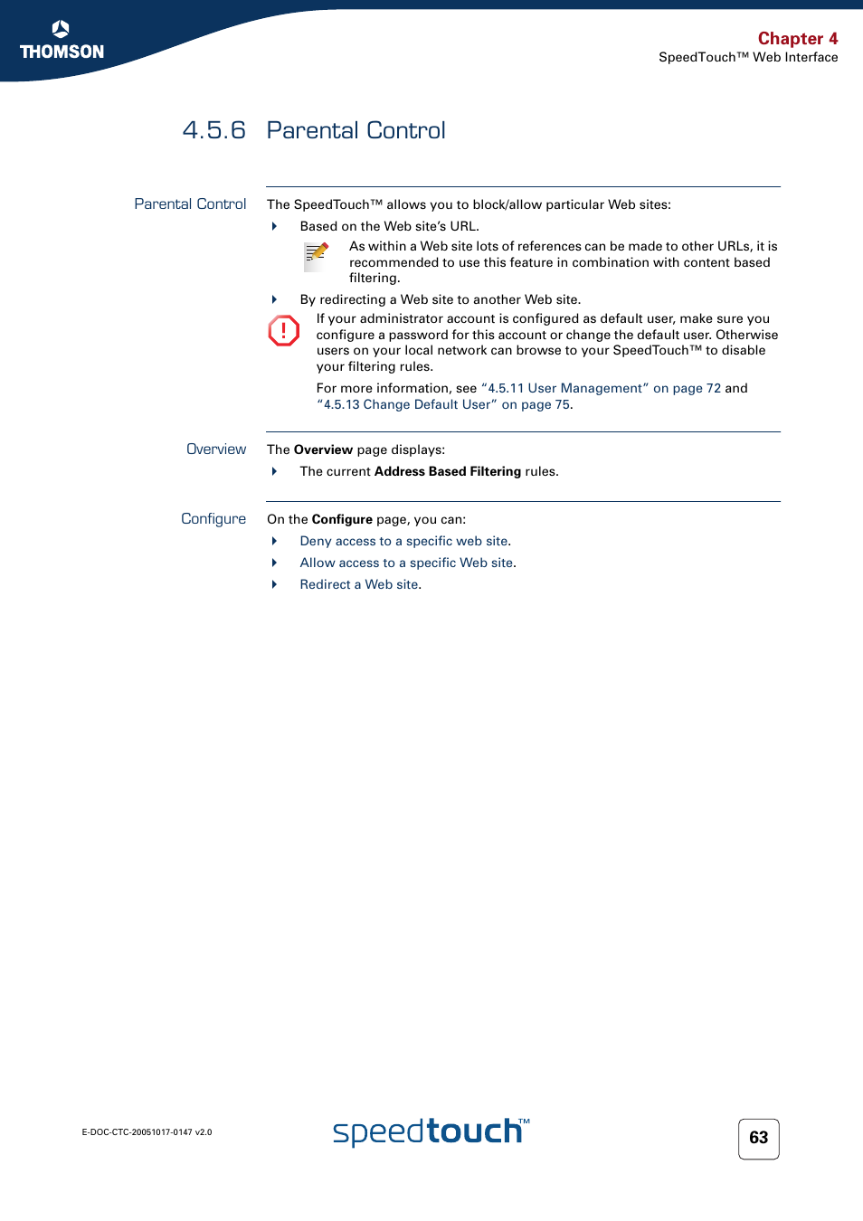 6 parental control, Parental control, Overview | Configure, Chapter 4 | Technicolor - Thomson SpeedTouch 585 User Manual | Page 71 / 110