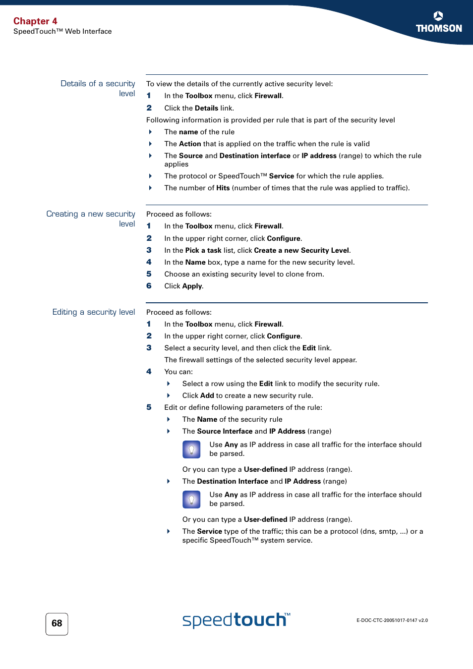 Details of a security level, Creating a new security level, Editing a security level | Chapter 4 | Technicolor - Thomson SpeedTouch 585 User Manual | Page 76 / 110