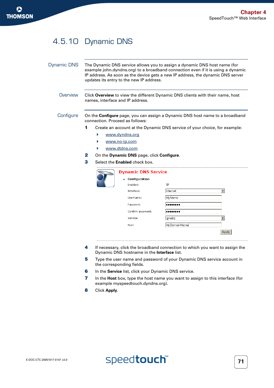 10 dynamic dns, Dynamic dns, Overview | Configure, Chapter 4 | Technicolor - Thomson SpeedTouch 585 User Manual | Page 79 / 110