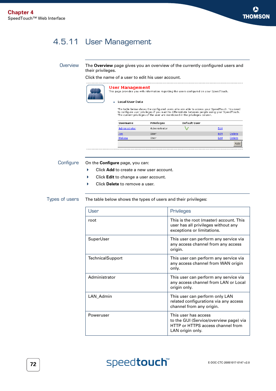 11 user management, Overview, Configure | Types of users, User management, Chapter 4 | Technicolor - Thomson SpeedTouch 585 User Manual | Page 80 / 110