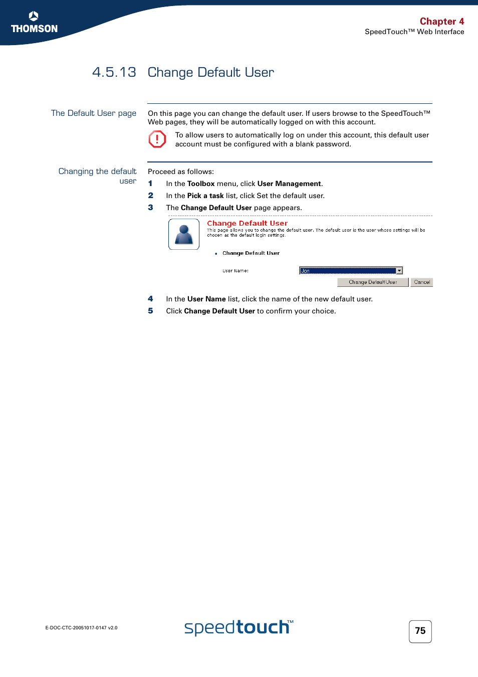 13 change default user, Changing the default user, Change default user | Chapter 4 | Technicolor - Thomson SpeedTouch 585 User Manual | Page 83 / 110