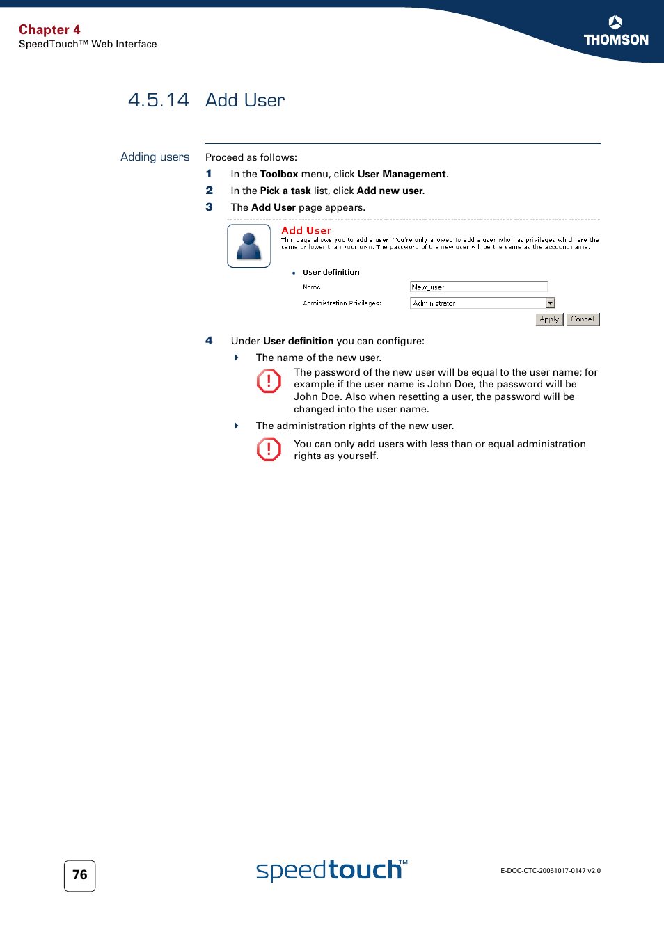 14 add user, Adding users, Add user | Technicolor - Thomson SpeedTouch 585 User Manual | Page 84 / 110