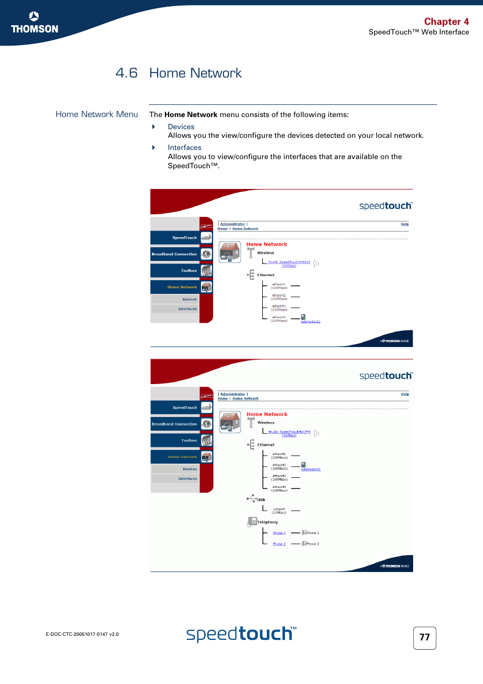 6 home network, Home network menu, Home network | Chapter 4 | Technicolor - Thomson SpeedTouch 585 User Manual | Page 85 / 110