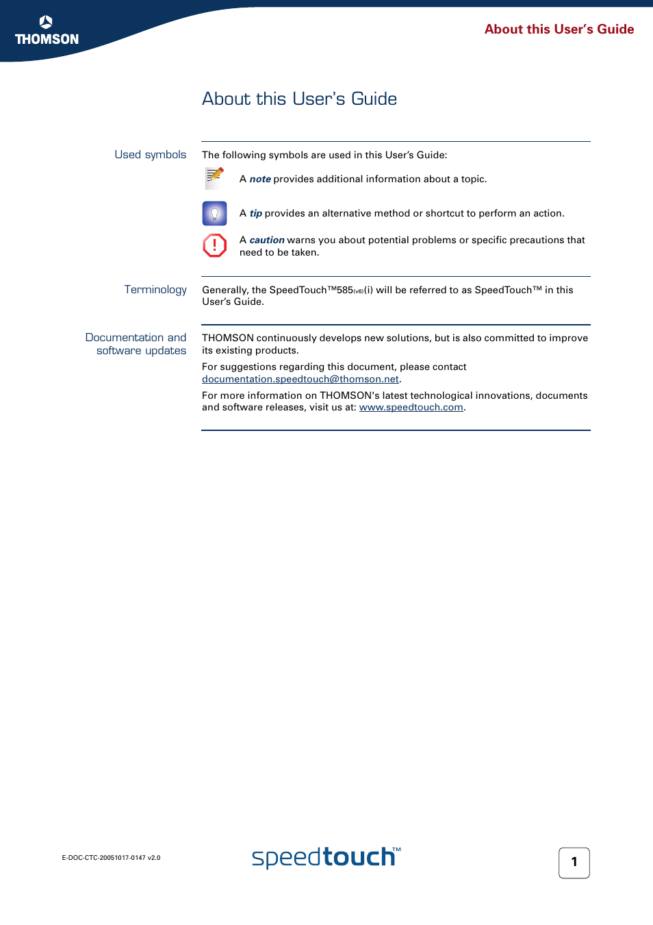 About this user’s guide, Used symbols, Terminology | Documentation and software updates, About this user’s guide 1 | Technicolor - Thomson SpeedTouch 585 User Manual | Page 9 / 110