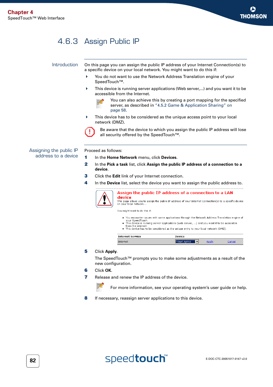 3 assign public ip, Introduction, Assigning the public ip address to a device | Assign public ip, Chapter 4 | Technicolor - Thomson SpeedTouch 585 User Manual | Page 90 / 110