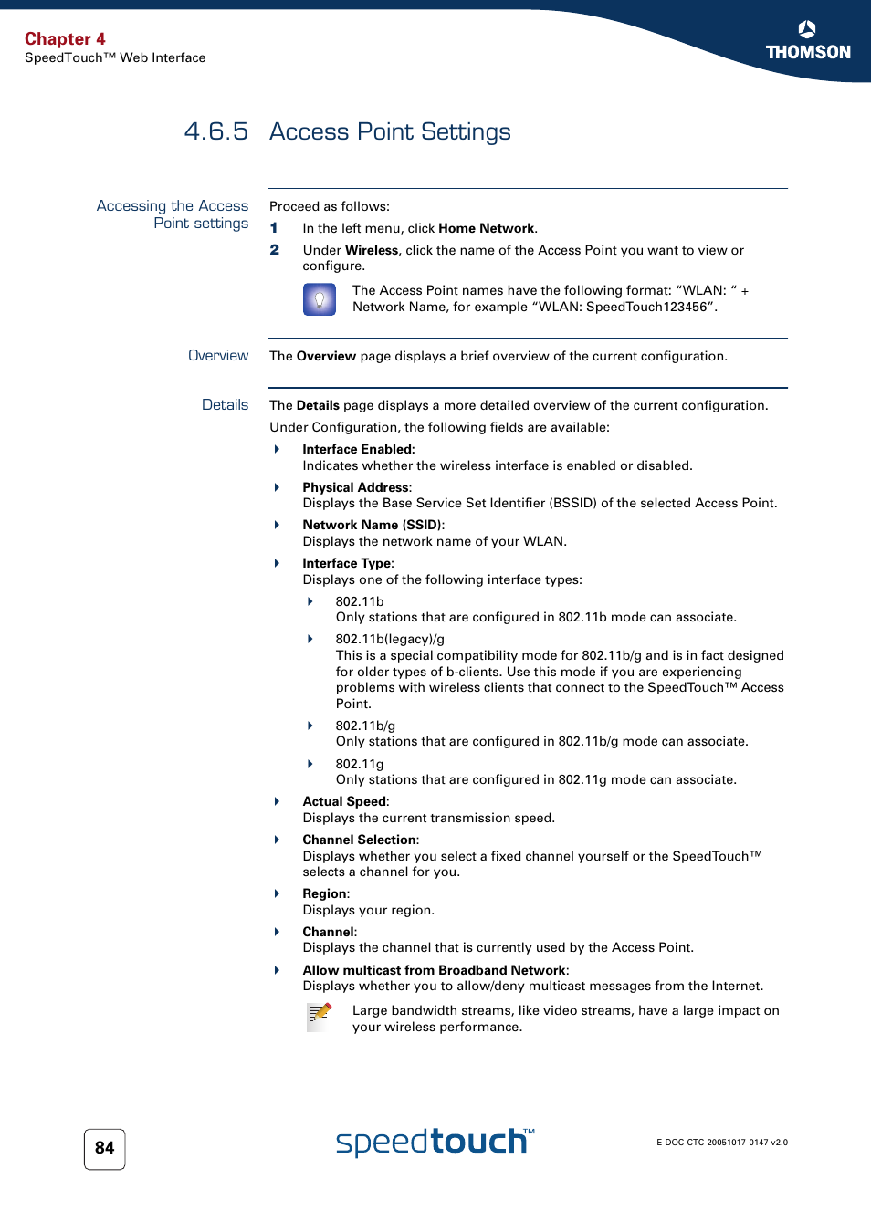 5 access point settings, Accessing the access point settings, Overview | Details, Access point settings, Chapter 4 | Technicolor - Thomson SpeedTouch 585 User Manual | Page 92 / 110