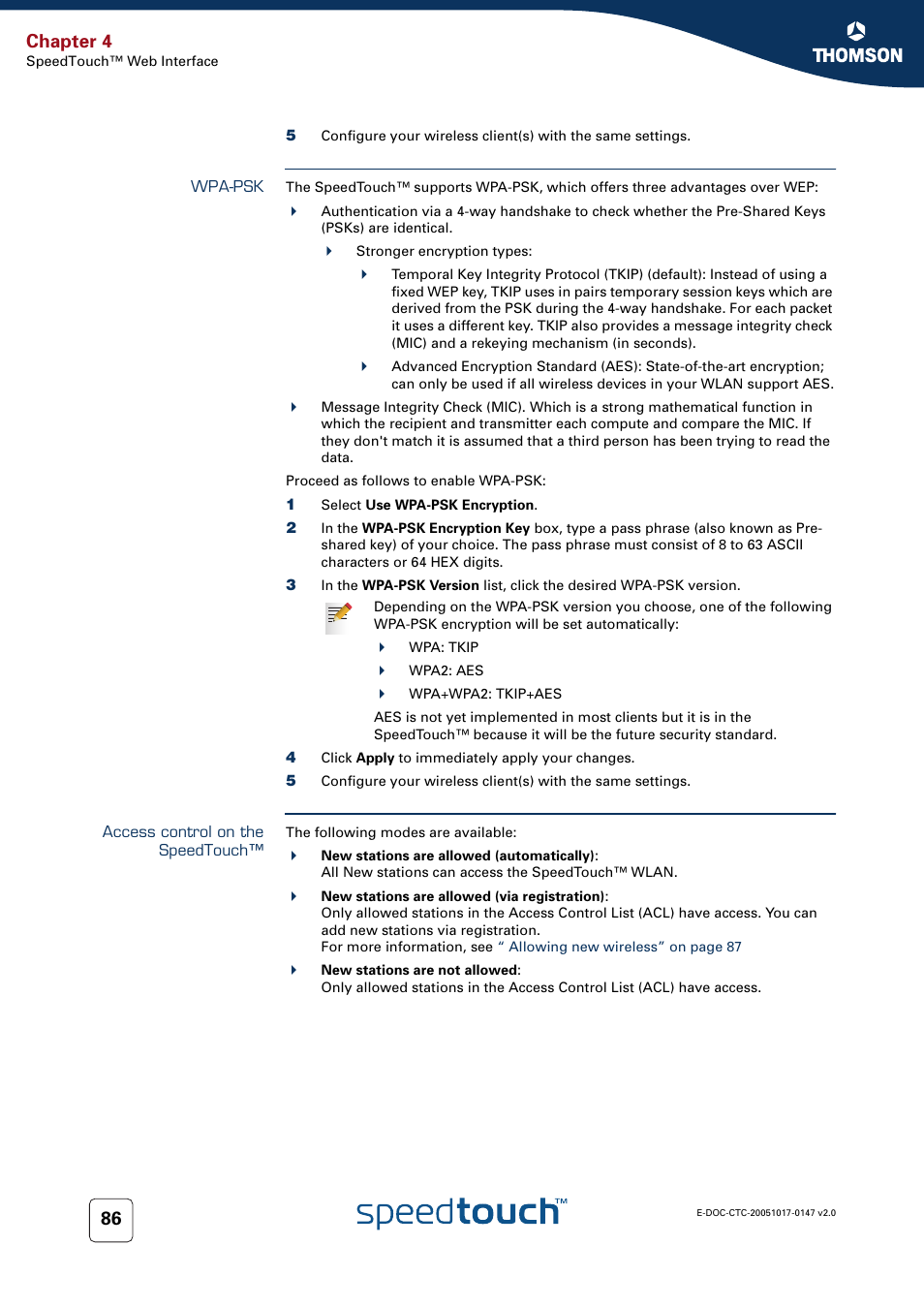 Wpa-psk, Access control on the speedtouch, Chapter 4 | Technicolor - Thomson SpeedTouch 585 User Manual | Page 94 / 110