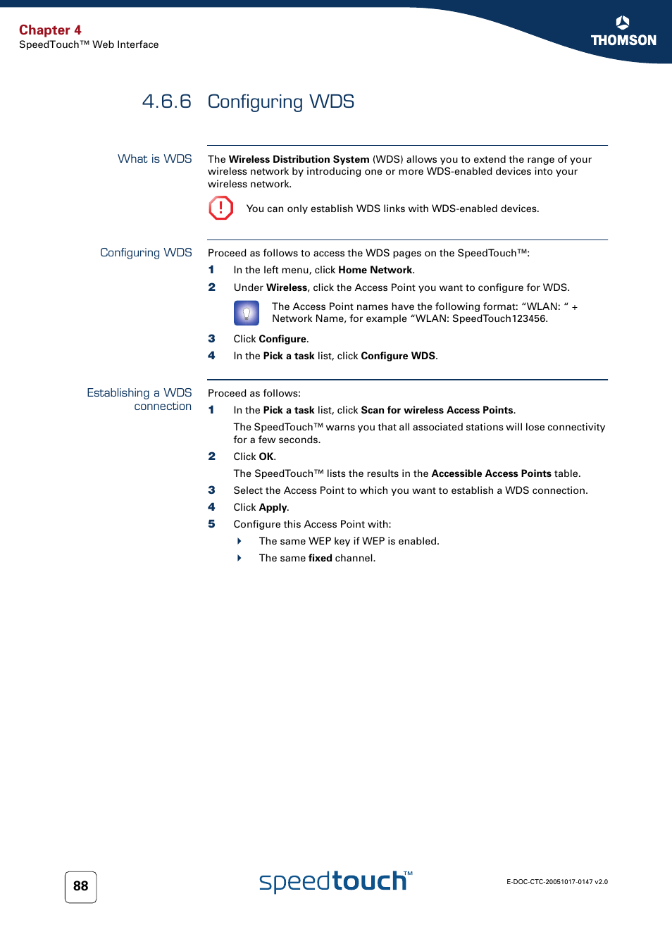 6 configuring wds, What is wds, Configuring wds | Establishing a wds connection, Chapter 4 | Technicolor - Thomson SpeedTouch 585 User Manual | Page 96 / 110