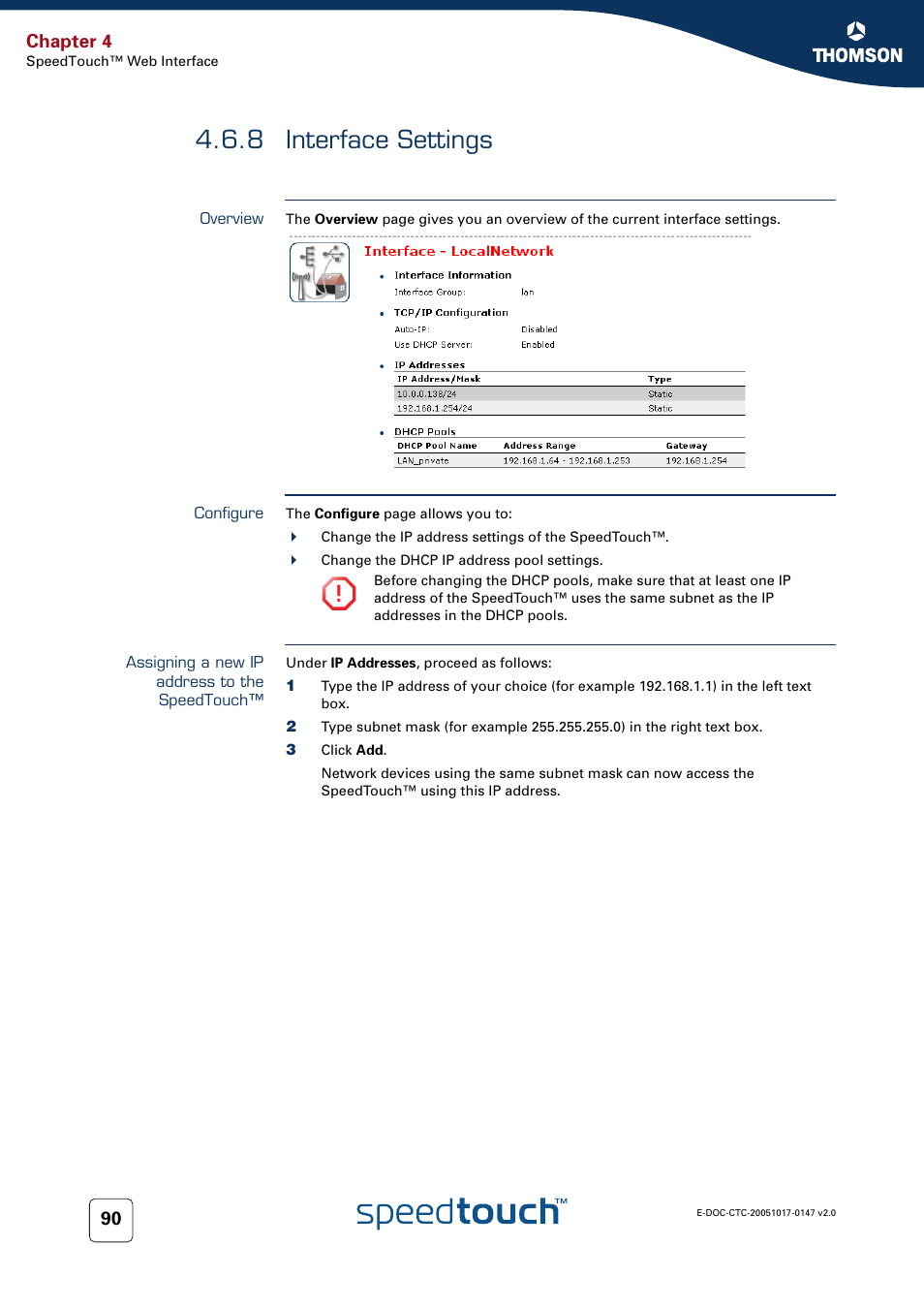 8 interface settings, Overview, Configure | Assigning a new ip address to the speedtouch, Interface settings, Chapter 4 | Technicolor - Thomson SpeedTouch 585 User Manual | Page 98 / 110