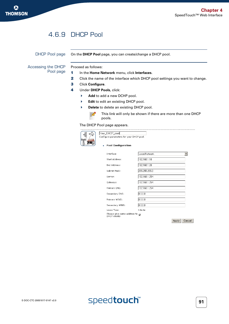 9 dhcp pool, Dhcp pool, Chapter 4 | Technicolor - Thomson SpeedTouch 585 User Manual | Page 99 / 110