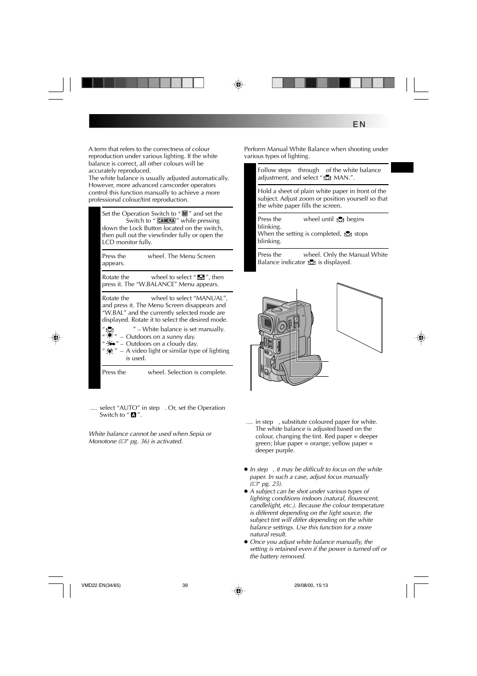 White balance adjustment, Manual white balance operation | Technicolor - Thomson VMD 22 User Manual | Page 40 / 102