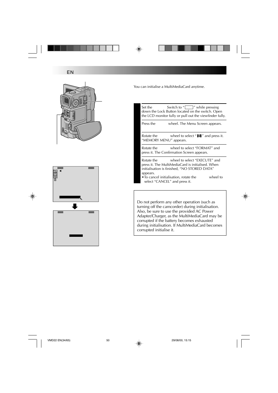 Playback, Advanced features for d.s.c. (cont.), Initialising a multimediacard | Caution | Technicolor - Thomson VMD 22 User Manual | Page 51 / 102